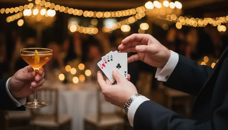Close-up magician's hands making a coin vanish for guests at a cocktail reception in Dubai