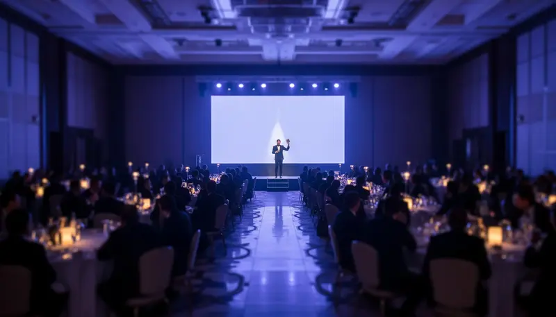 Magician on stage at a corporate gala dinner in a Dubai hotel ballroom, seen from the back of the room