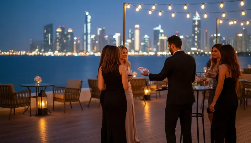 Magician performing card magic for guests at an evening event on an Abu Dhabi waterfront terrace