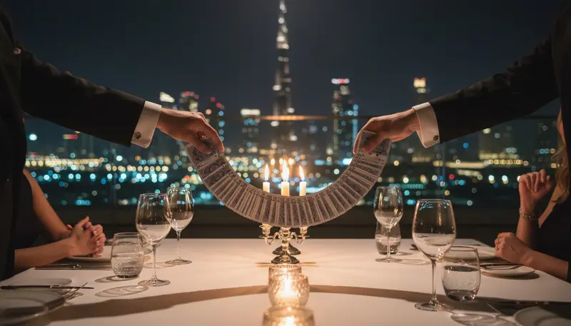 Magician's hands fanning playing cards above a dinner table at a Dubai rooftop event at night