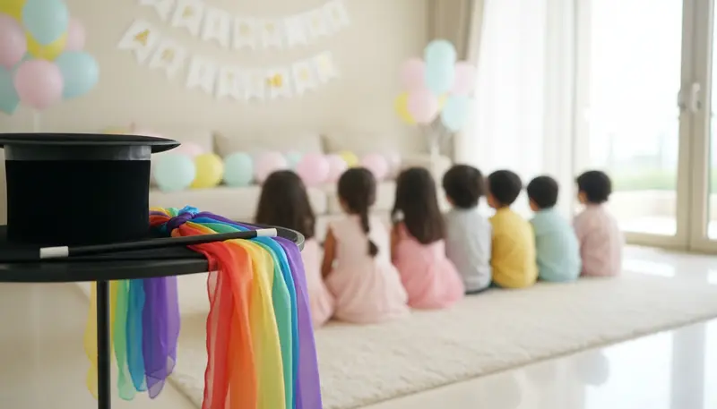 Magician's top hat and wand on a small table at a kids birthday party in a Dubai villa, children watching from behind
