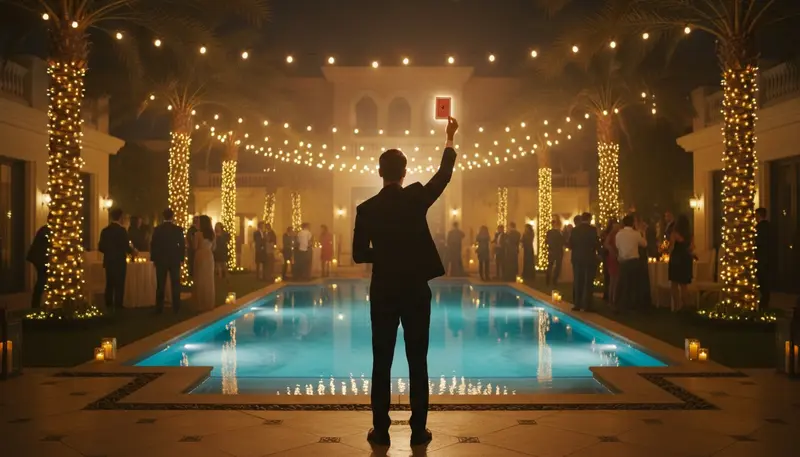 Party magician showing a card trick to guests on a villa terrace in Dubai at dusk