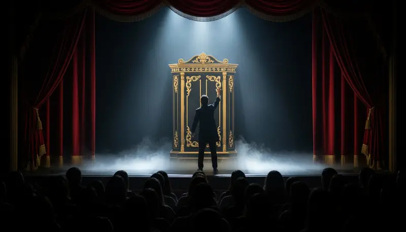 Stage magic show in Dubai with an illusion box under a spotlight and smoke on stage