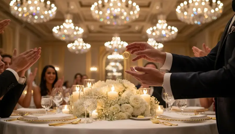 Wedding magician performing a ring trick at a guest table in a Dubai hotel ballroom